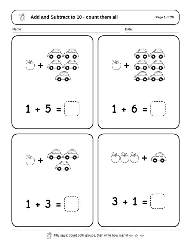 Add and Subtract to 10: sample page 4