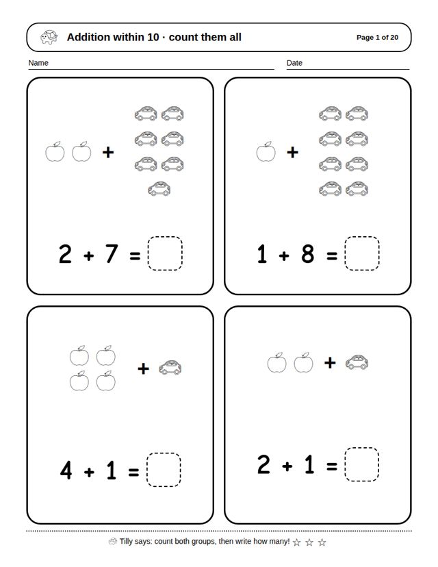 Addition to 10: sample page 4