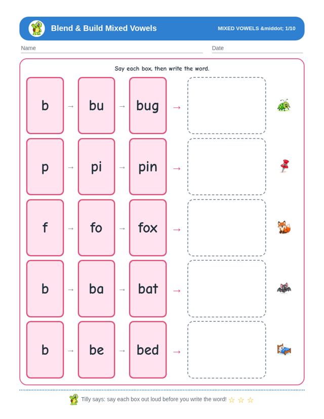 Blend and Build Mixed Vowel Words free sample page