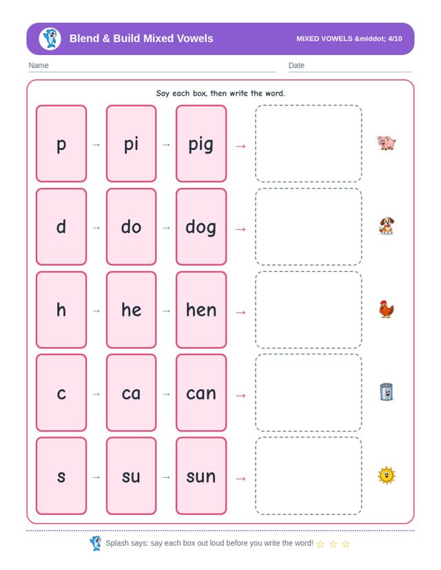Blend and Build Mixed Vowel Words free sample page