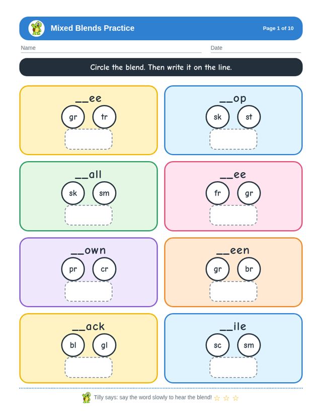 Sample page from Blends Practice Bundle