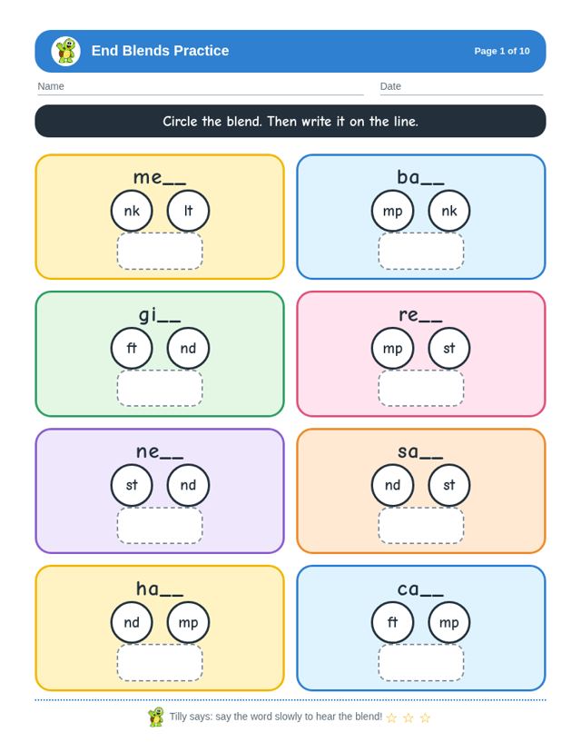 Free sample page from End Blends Practice