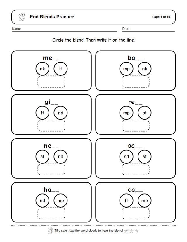 End Blends Practice: sample page 4