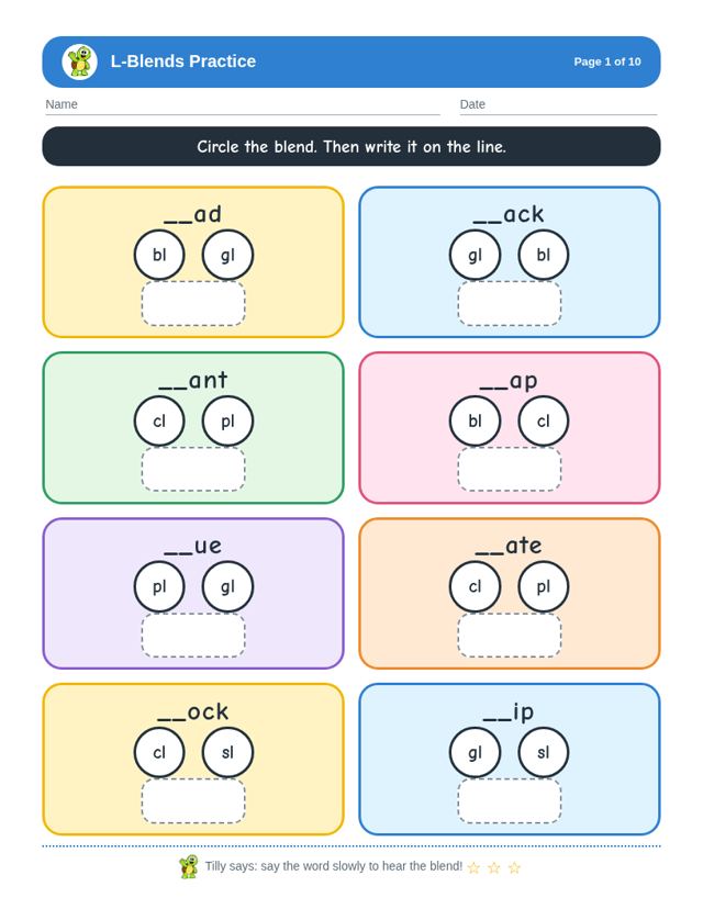 Free sample page from L-Blends Practice