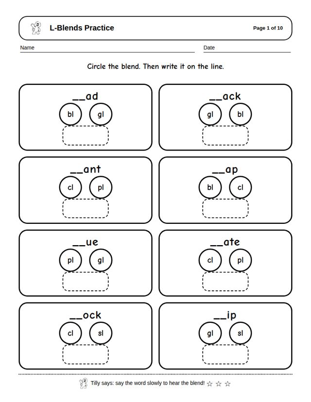 L-Blends Practice: sample page 4