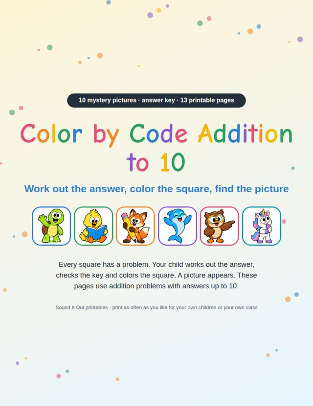 Color by Code Addition to 10: sample page 1