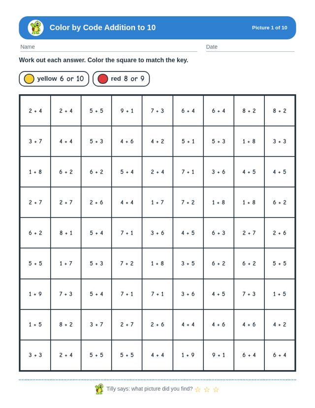 Free sample page from Color by Code Addition to 10