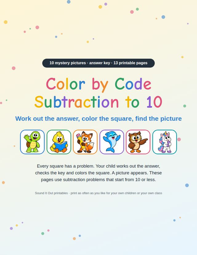 Color by Code Subtraction to 10: sample page 1
