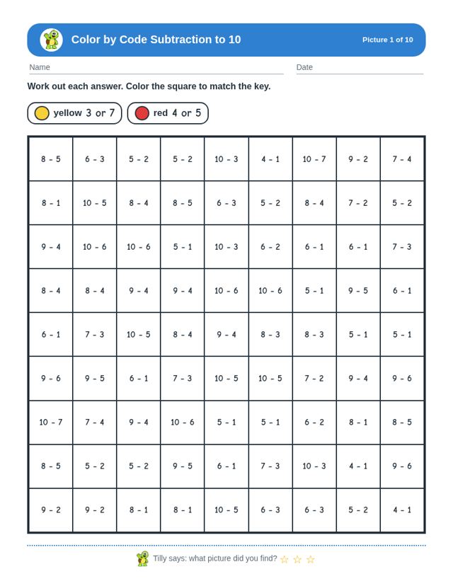 Color by Code Subtraction to 10 free sample page