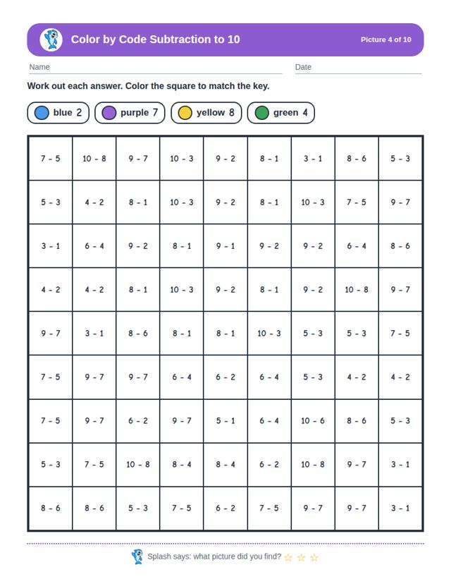 Color by Code Subtraction to 10 free sample page