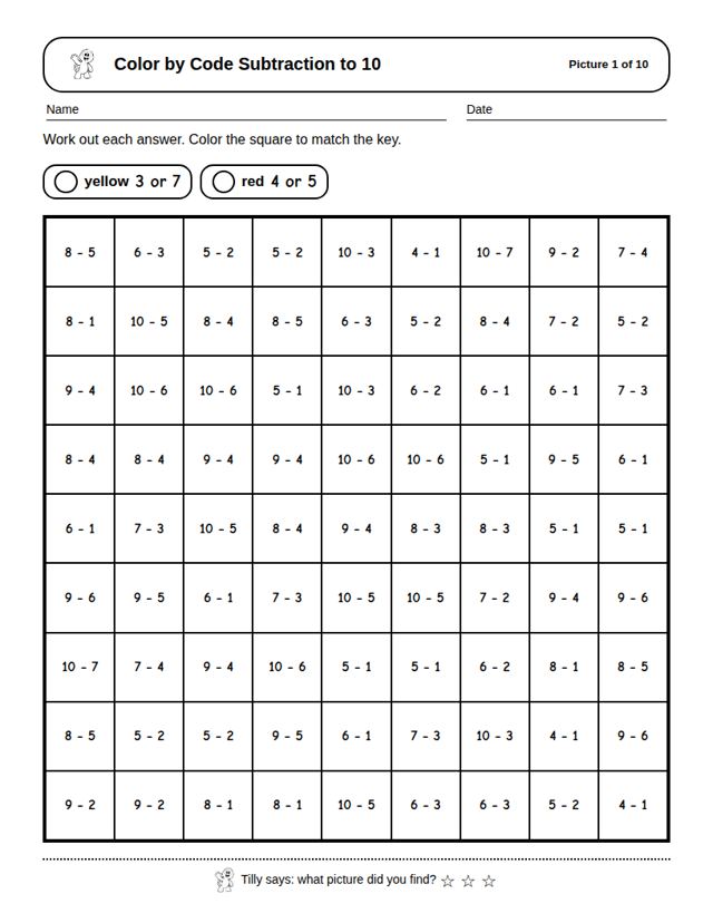 Color by Code Subtraction to 10: sample page 4