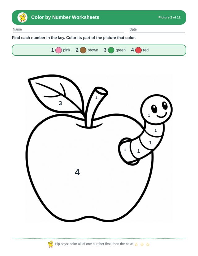 Color by Number Worksheets free sample page