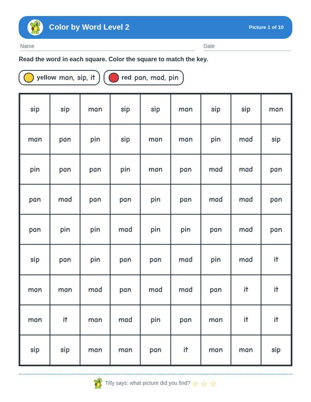 Sample page from Color by Word Level 2