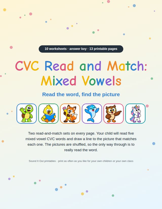 CVC Read and Match: Mixed Vowels: sample page 1