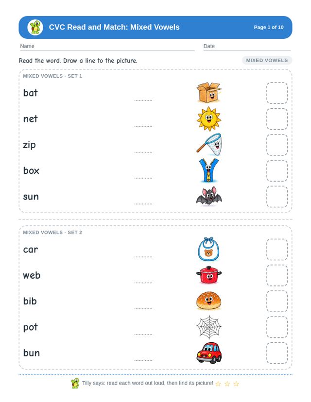 CVC Read and Match: Mixed Vowels free sample page