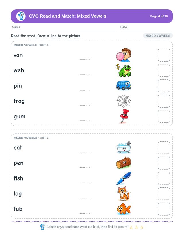 CVC Read and Match: Mixed Vowels free sample page