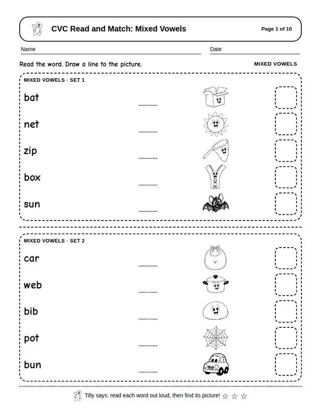 CVC Read and Match: Mixed Vowels: sample page 4