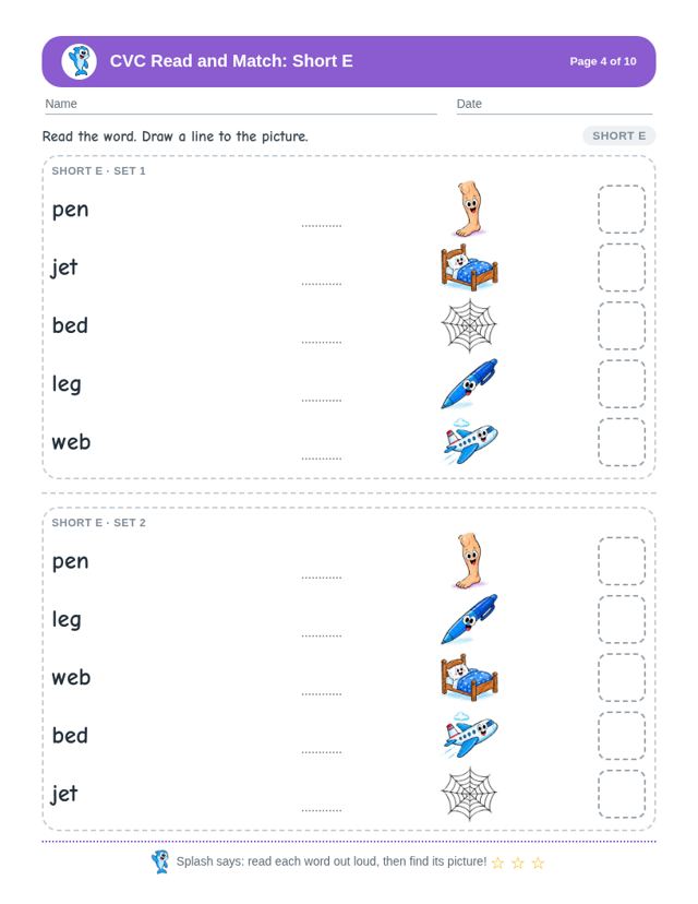 CVC Read and Match: Short E: sample page 3