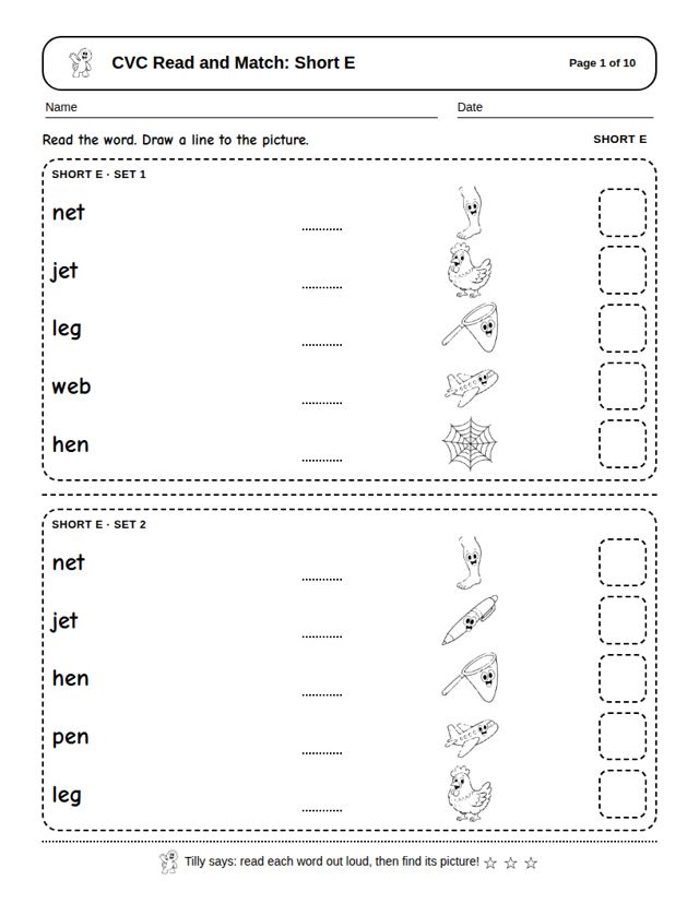 CVC Read and Match: Short E: sample page 4