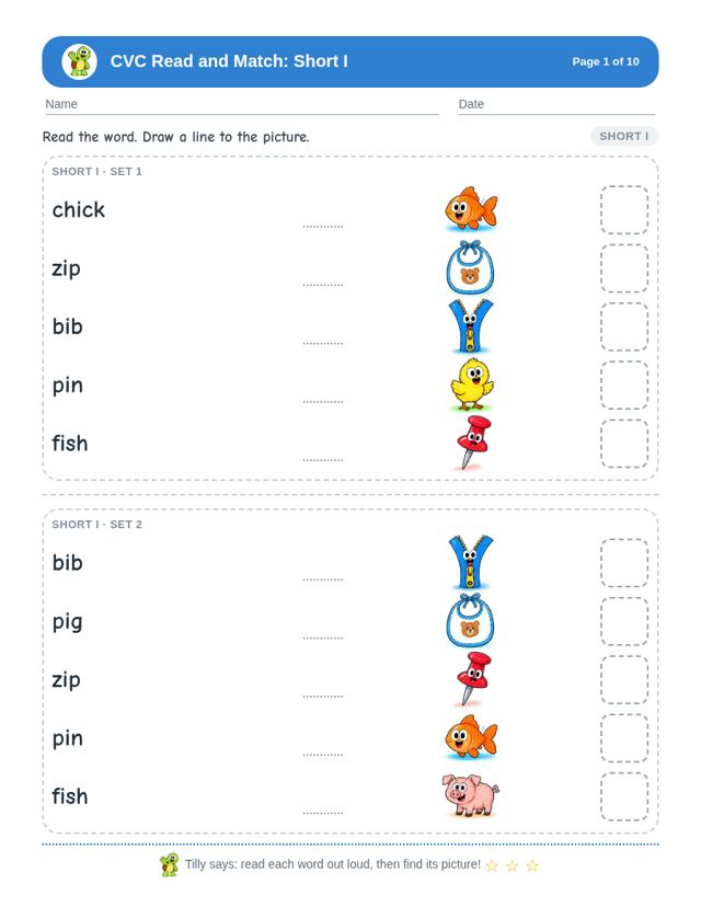 Free sample page from CVC Read and Match: Short I