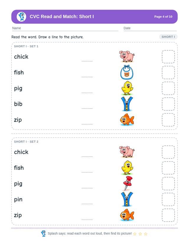 CVC Read and Match: Short I: sample page 3