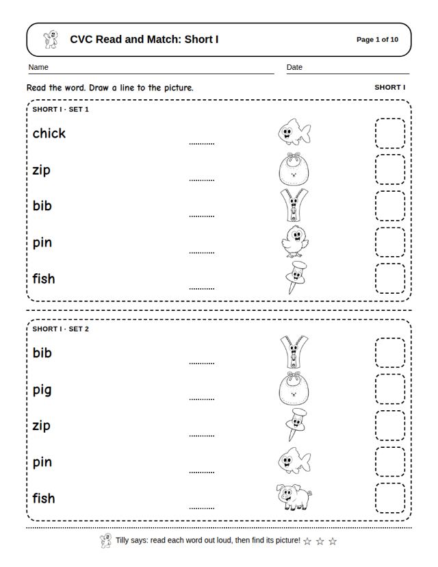 CVC Read and Match: Short I: sample page 4