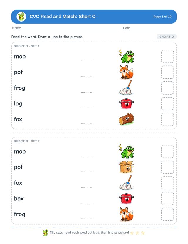 Free sample page from CVC Read and Match: Short O