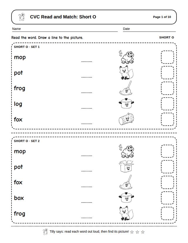 CVC Read and Match: Short O: sample page 4