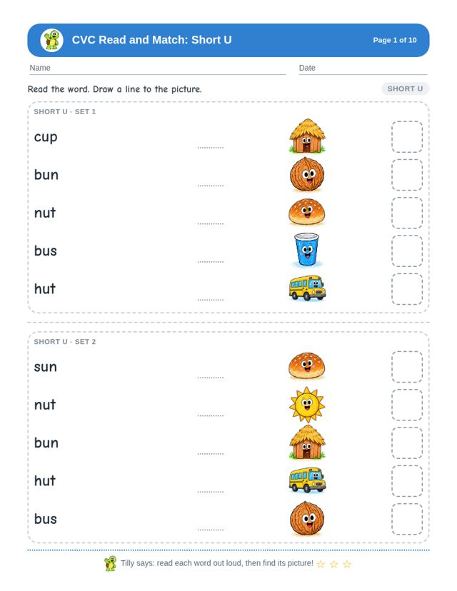 Free sample page from CVC Read and Match: Short U