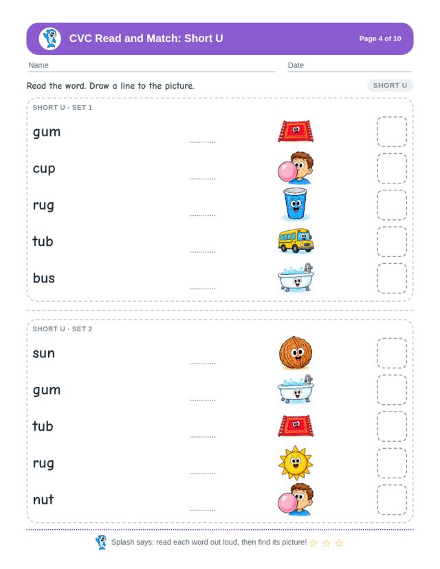 CVC Read and Match: Short U: sample page 3