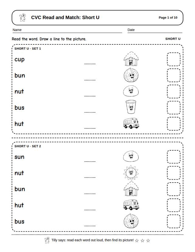 CVC Read and Match: Short U: sample page 4