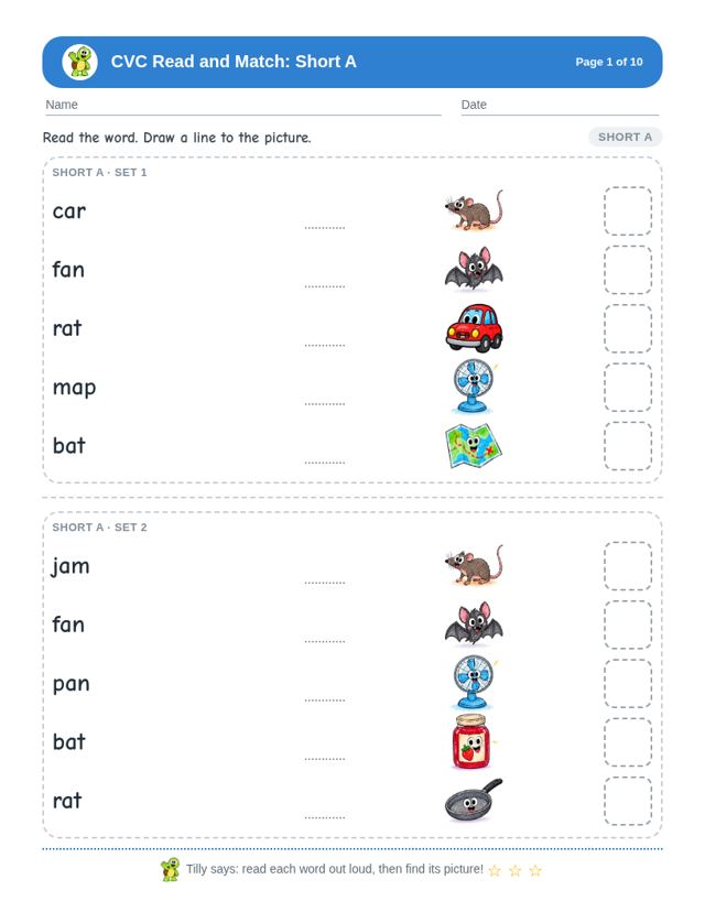 Sample page from CVC Read and Match Bundle