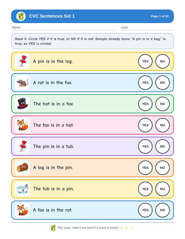 CVC Sentences Bundle: sample page 1