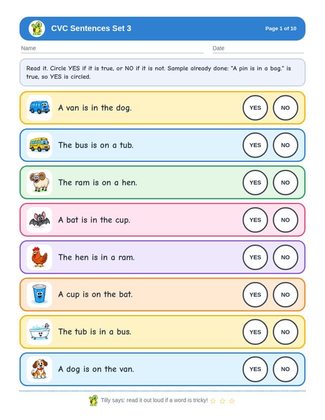 CVC Sentences Bundle: sample page 3