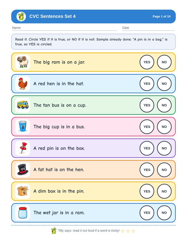 Free sample page from CVC Sentences Set 4