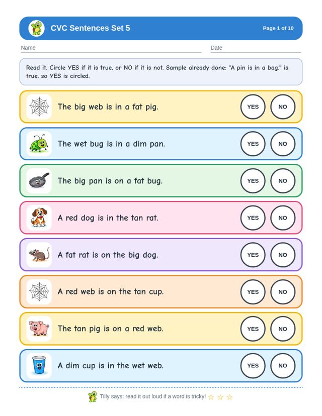 Free sample page from CVC Sentences Set 5