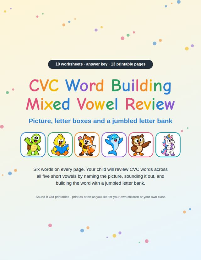 CVC Word Building Mixed Vowel Review: sample page 1
