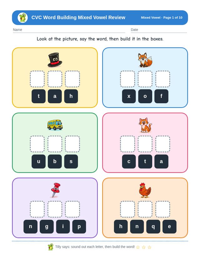 CVC Word Building Mixed Vowel Review sample page
