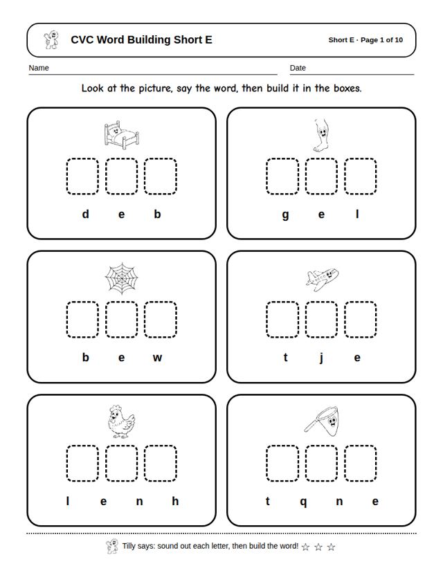 CVC Word Building Short E: sample page 4
