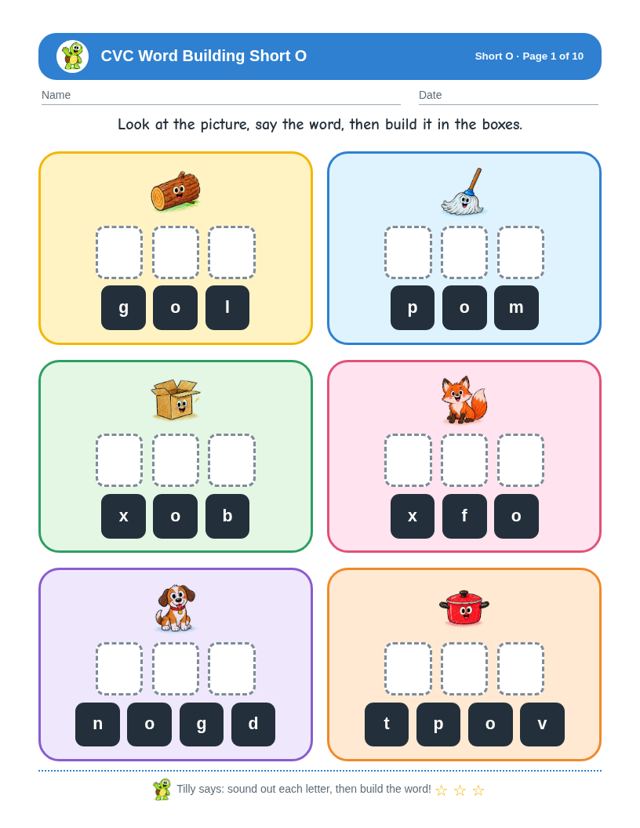 Free sample page from CVC Word Building Short O