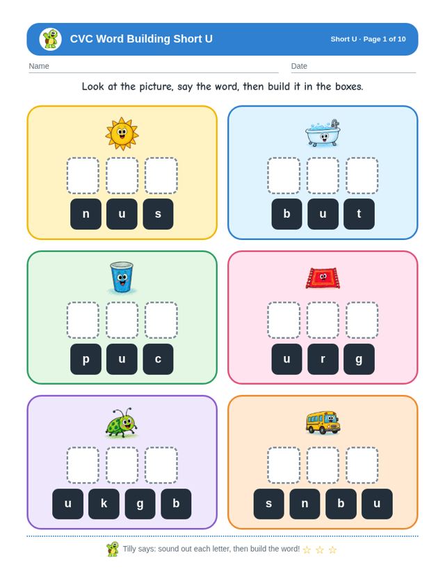 Free sample page from CVC Word Building Short U