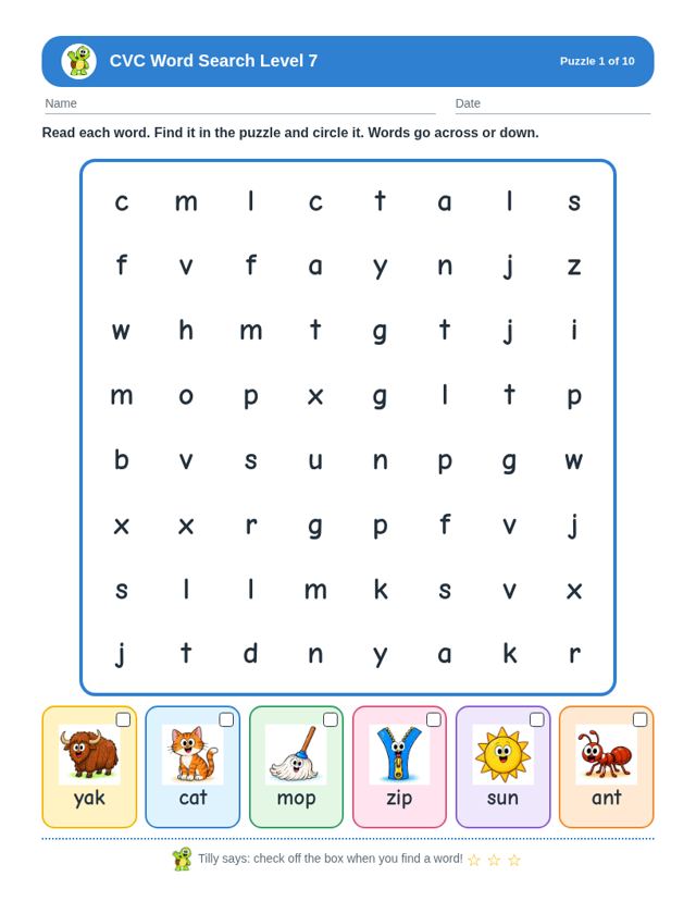 Sample page from CVC Word Search Level 7