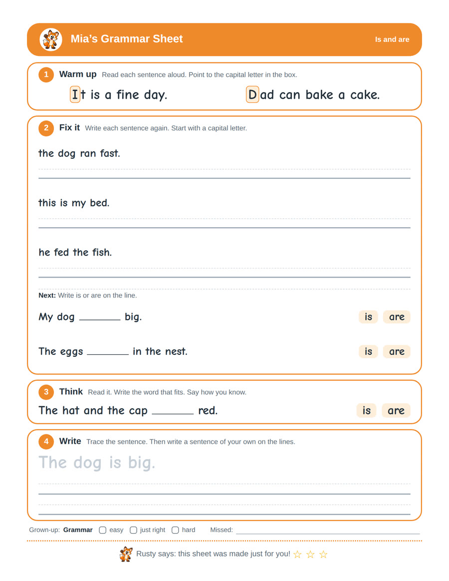 The sheet made for Mia: the dog ran fast., this is my bed., he fed the fish., My dog (is or are) big.