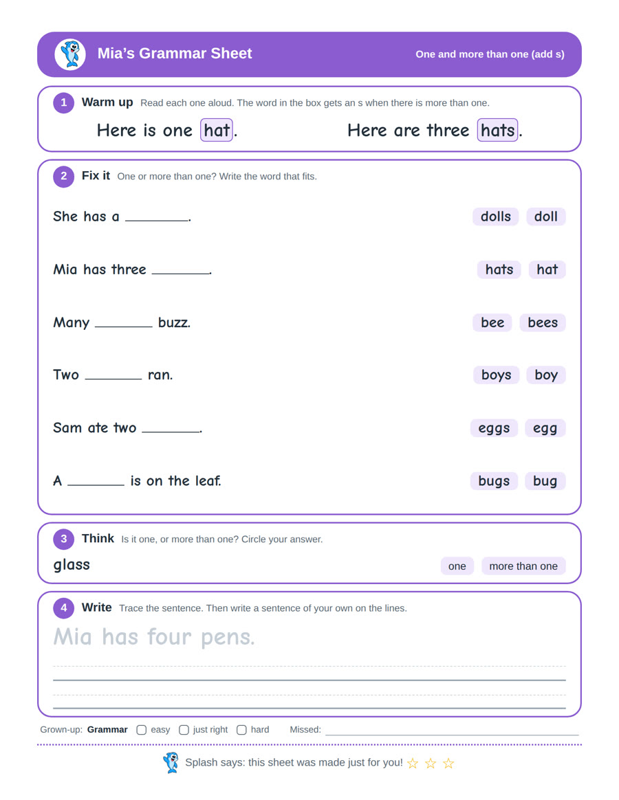The sheet made for Mia: She has a (dolls or doll)., Mia has three (hats or hat)., Many (bee or bees) buzz., Two (boys or boy) ran.