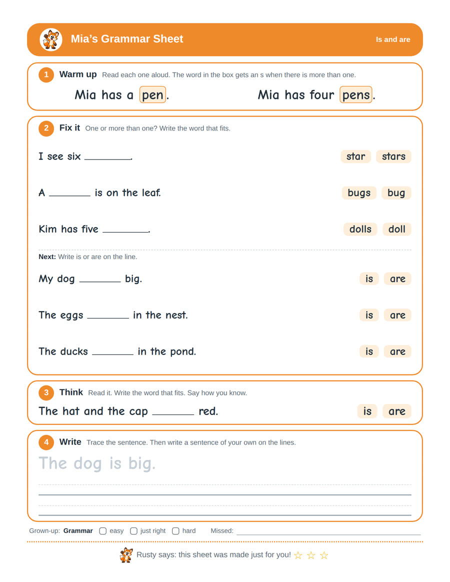 The sheet made for Mia: I see six (star or stars)., A (bugs or bug) is on the leaf., Kim has five (dolls or doll)., My dog (is or are) big.