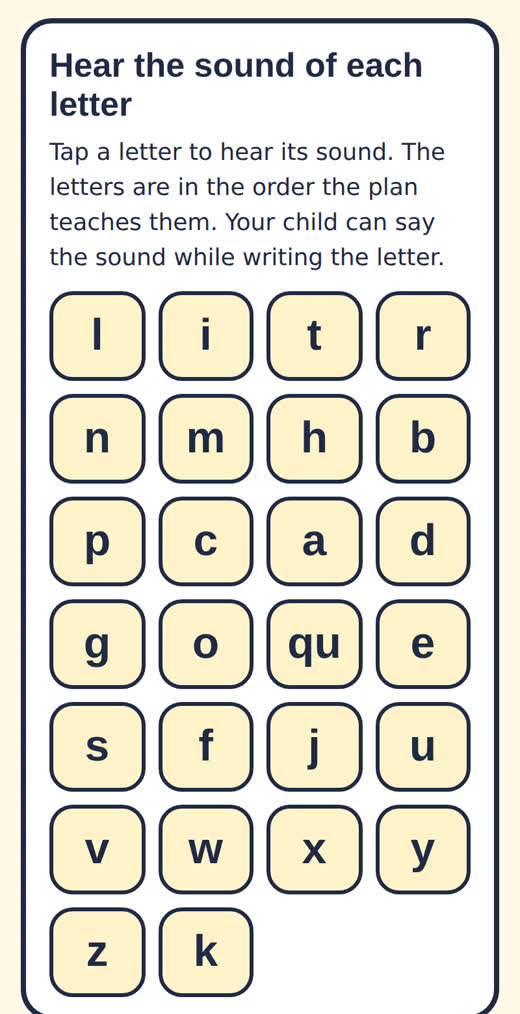 The sound of each letter on a phone