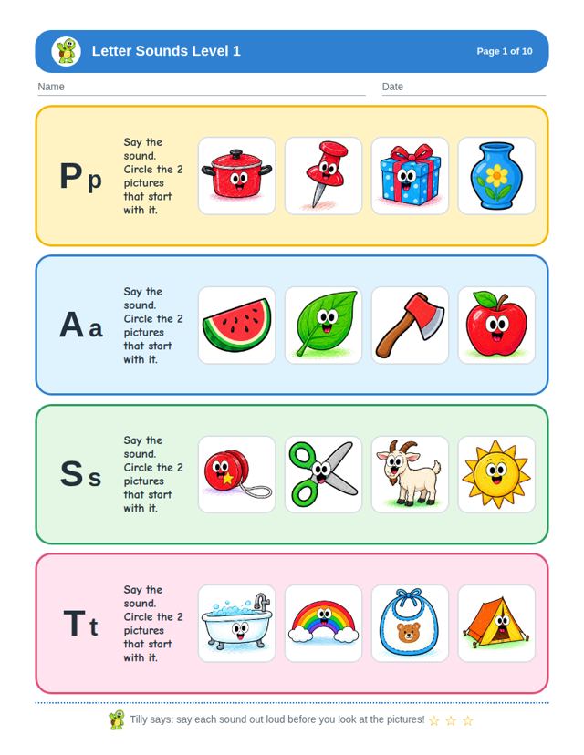 Sample page from Letter Sounds Level 1