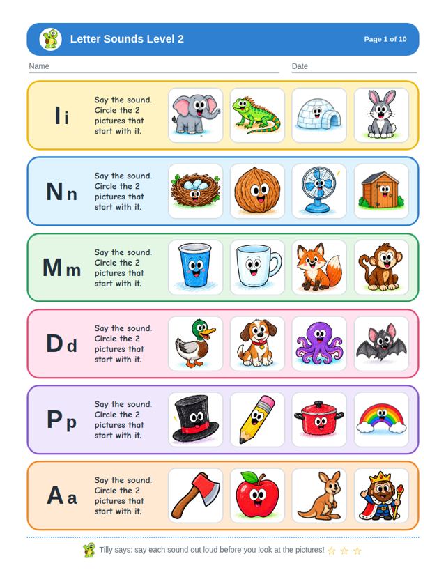 Sample page from Letter Sounds Level 2