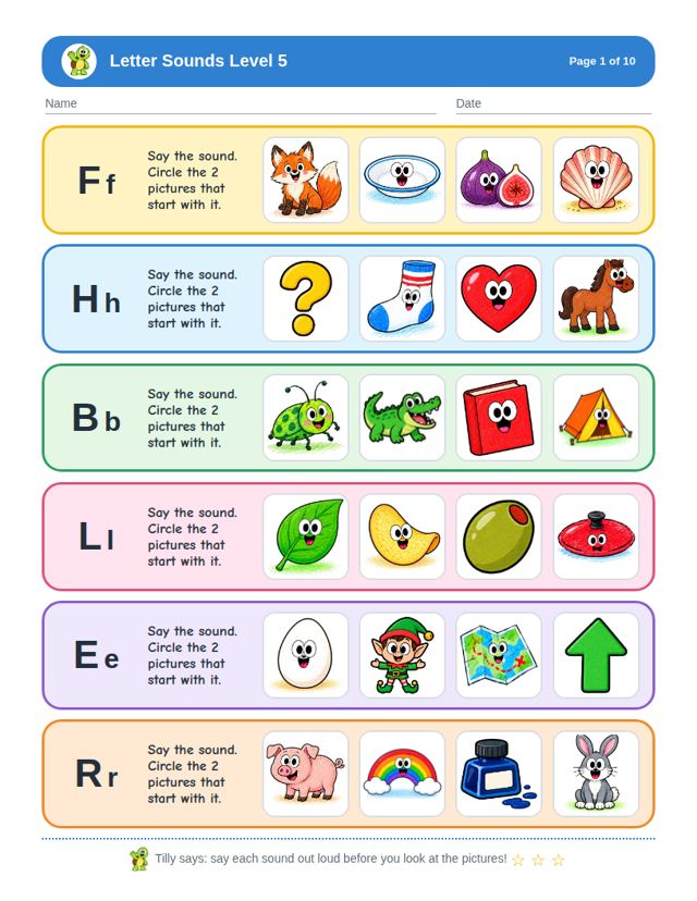 Sample page from Letter Sounds Level 5