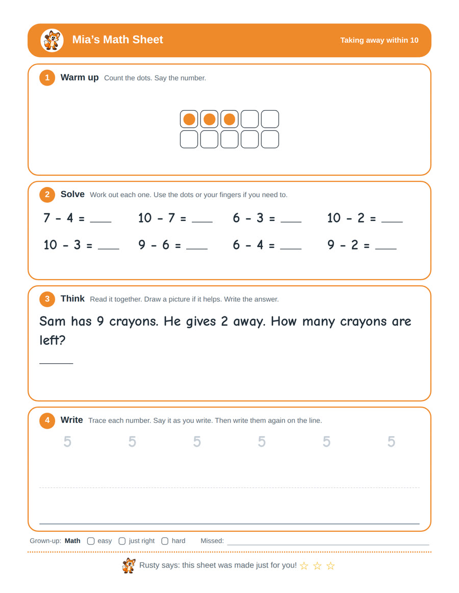 The sheet made for Mia: 7 − 4, 10 − 7, 6 − 3, 10 − 2, 10 − 3